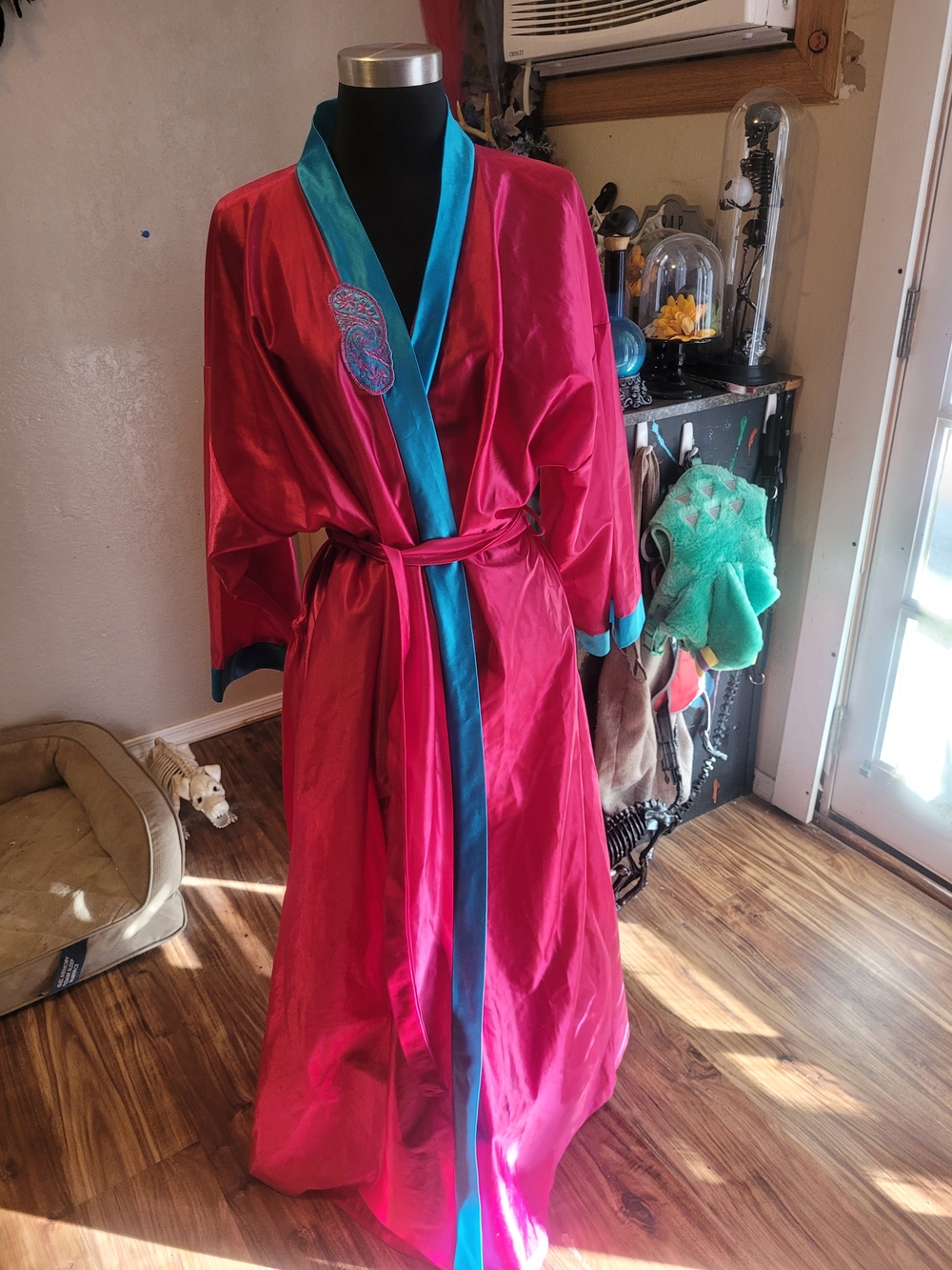 Hot Pink Satin Kimono Robe with Turquoise Trim